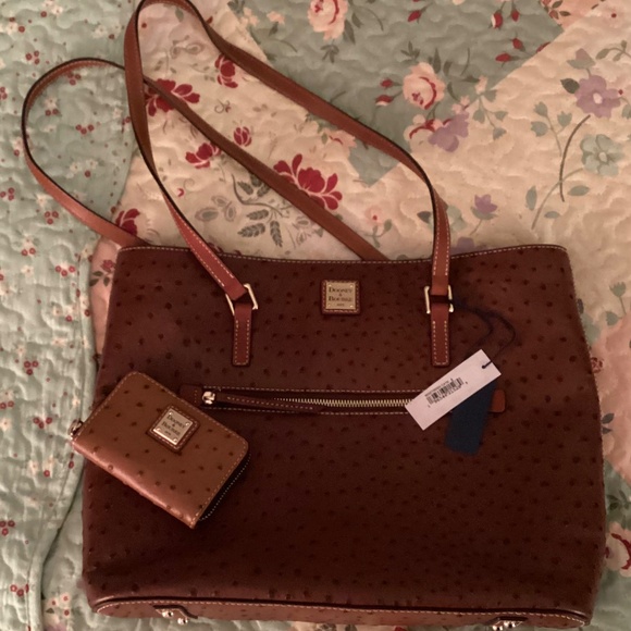 Dooney & Bourke Ostrich Leather Large Shopper Tote Cognac Brown & Wallet - Picture 10 of 11